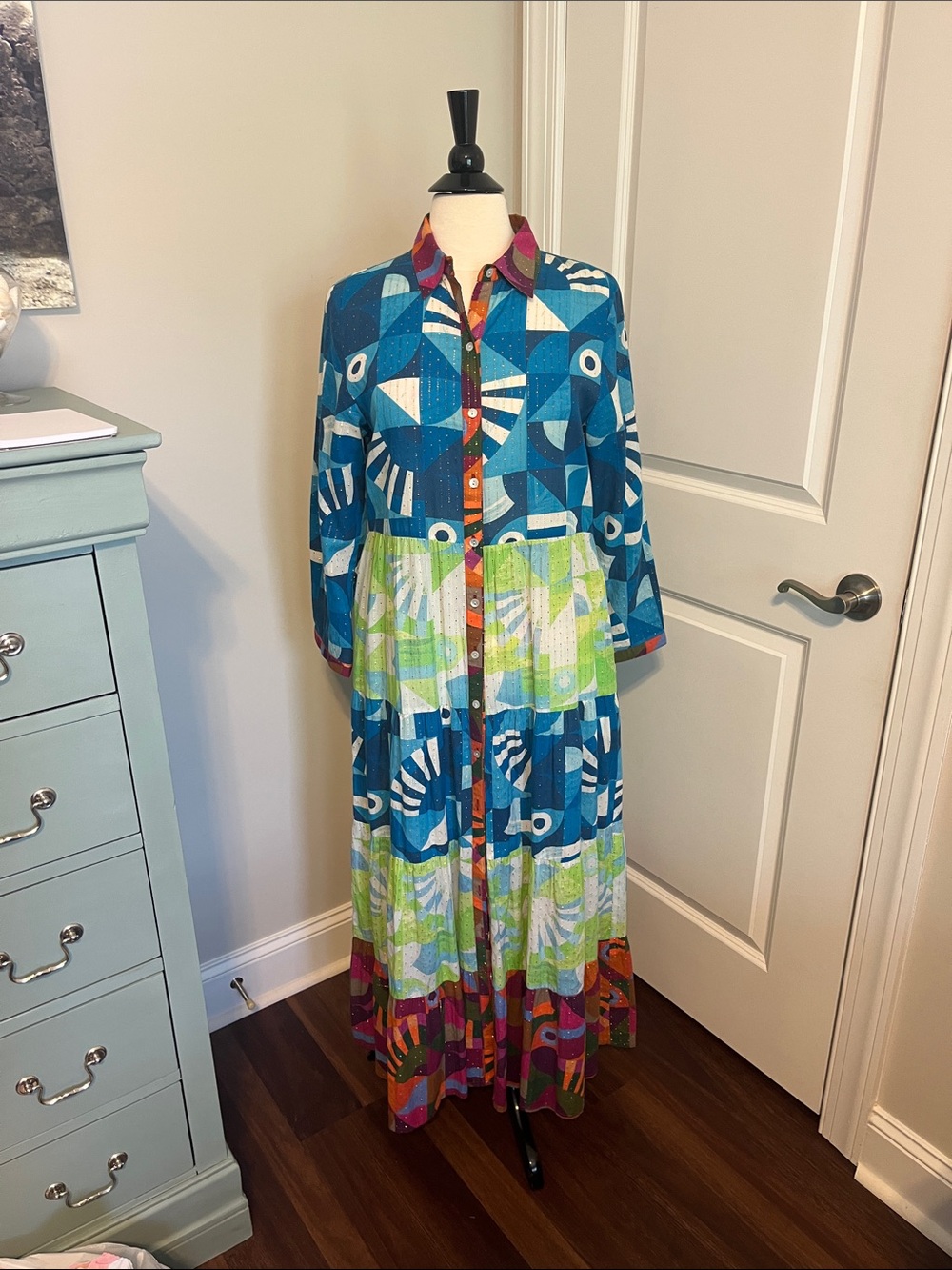 Be Boho Colorblock Geometric Button-Front Maxi Dress - Blue & Green medium